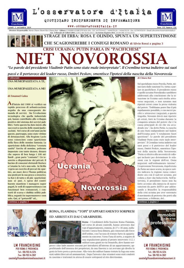 L'osservatore d'Italia edizione del 1 Settembre 2014